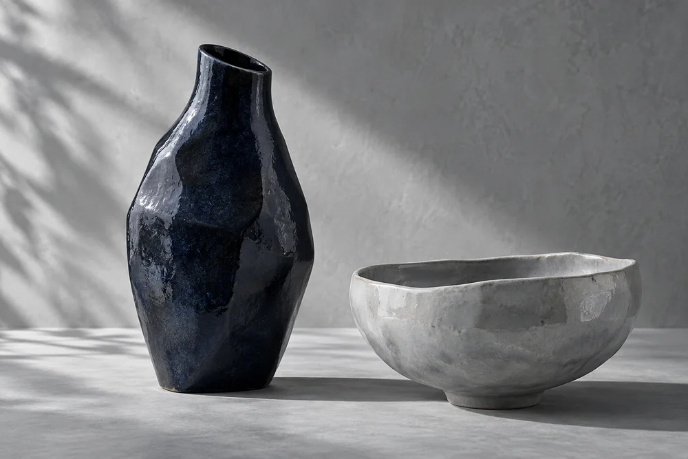 Sculptural navy ceramic vase and pale textured bowl in an editorial still life