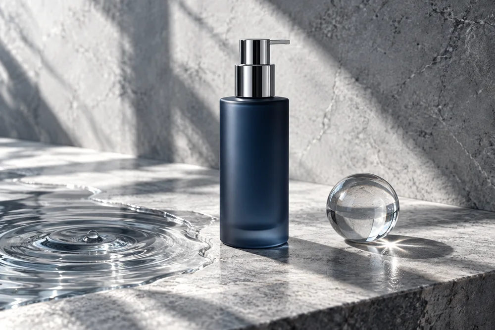 Navy skincare bottle with a silver pump, water and glass details