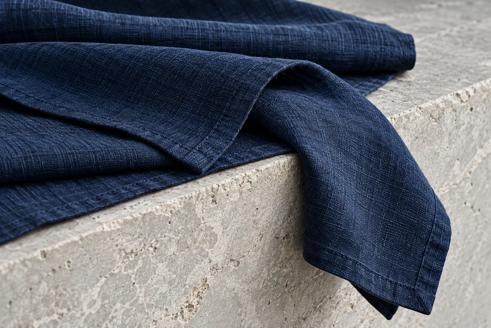 Indigo woven linen folded over pale stone, showing its texture and stitching